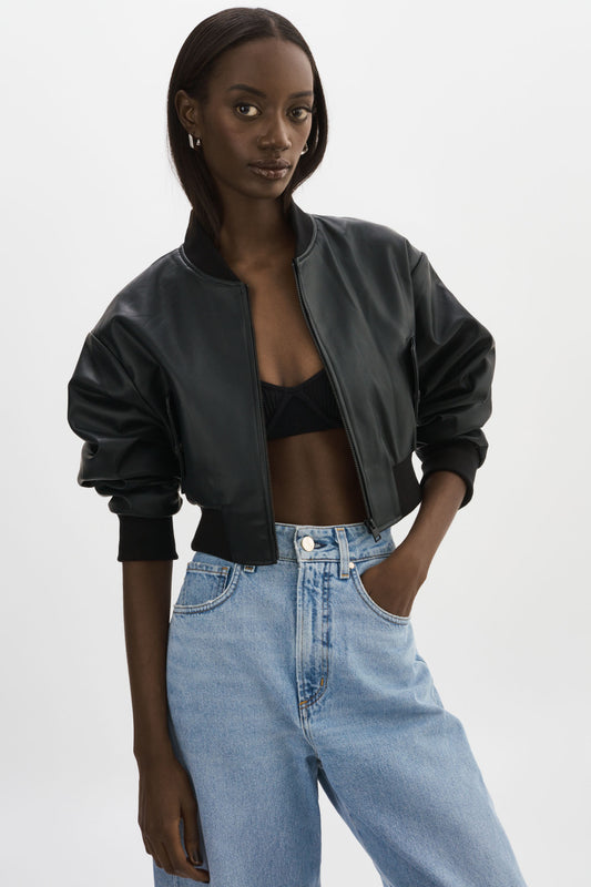 EVELIN | Cropped Faux Leather Bomber Jacket