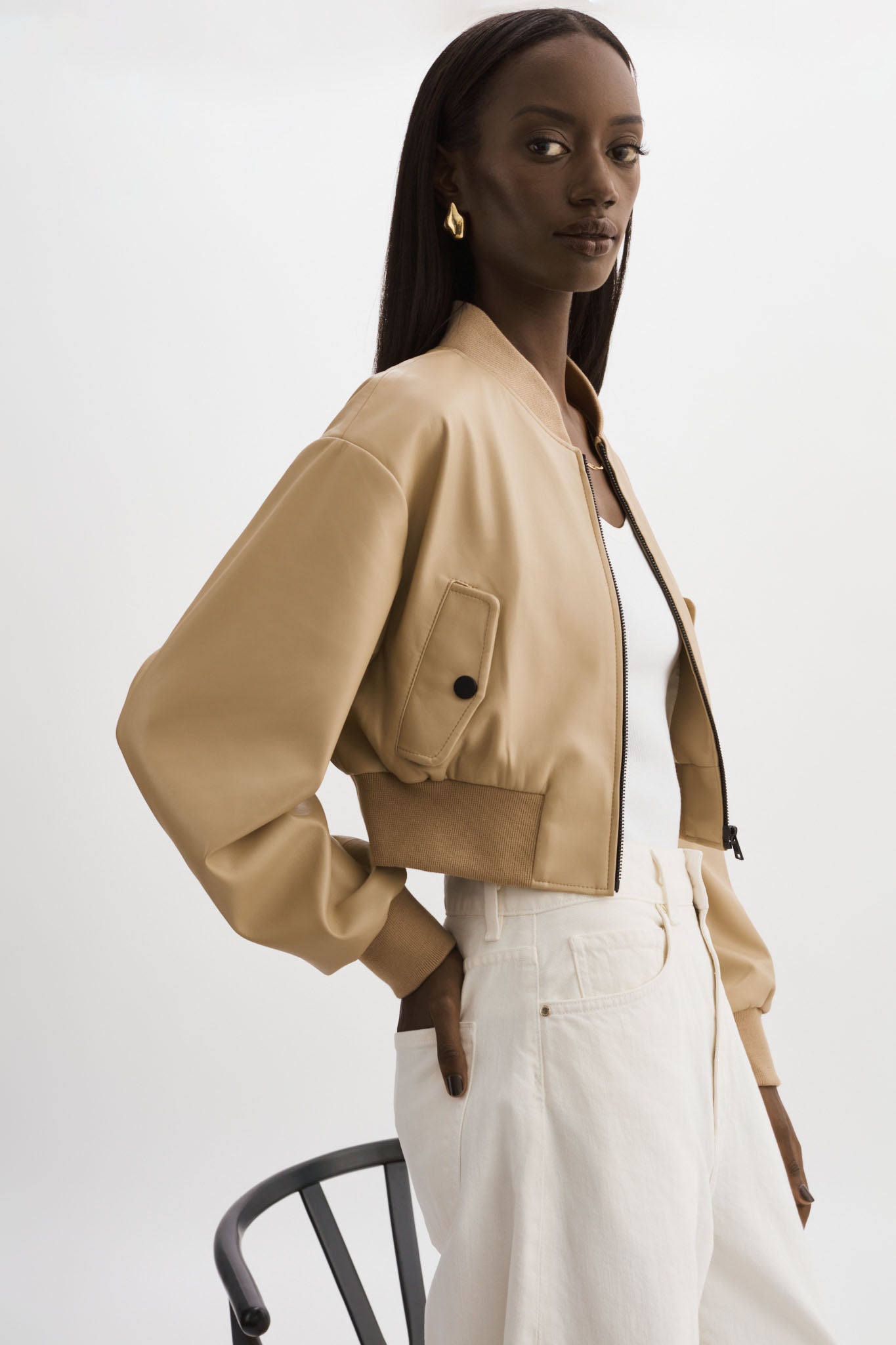 EVELIN | Cropped Faux Leather Bomber Jacket