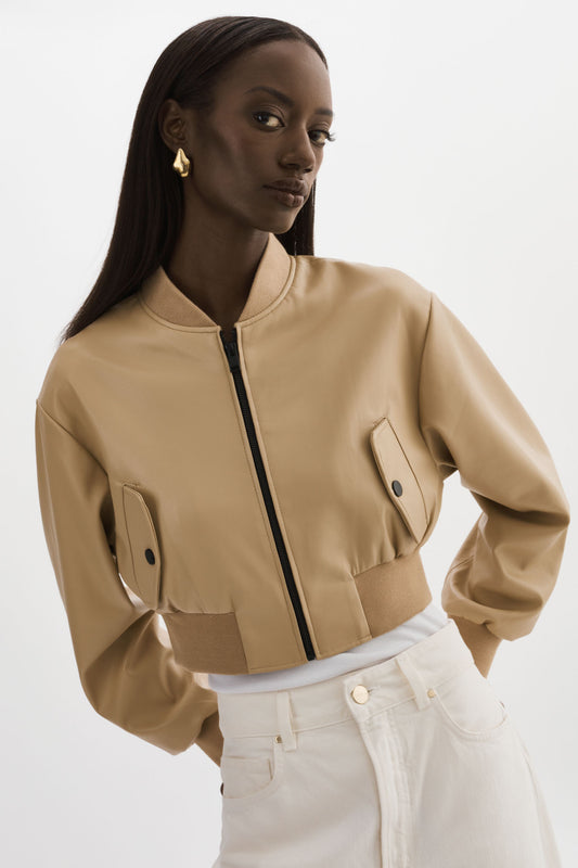 EVELIN | Cropped Faux Leather Bomber Jacket