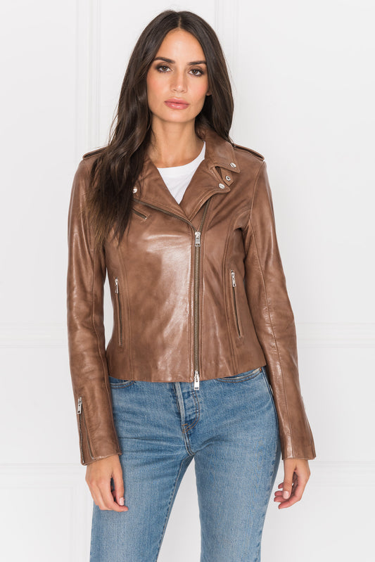 HARPER Veste motard en cuir ajusté brun