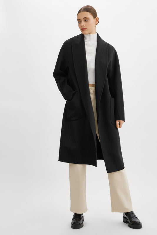 THARA | Manteau en laine à col châle noir