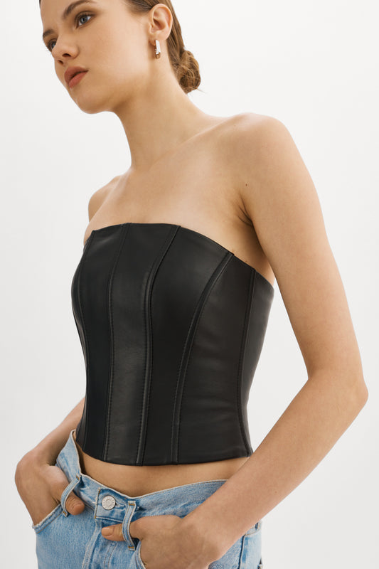 DAVINA Bustier en cuir noir