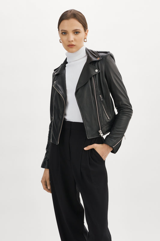 DONNA Veste Moto Signature En Cuir Noir