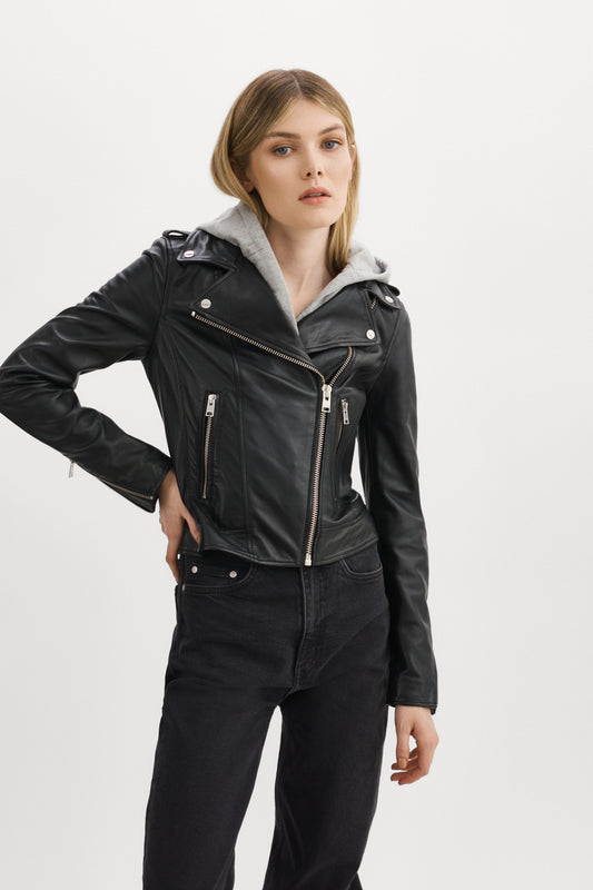 HOLY | Veste moto en cuir avec capuchon amovible