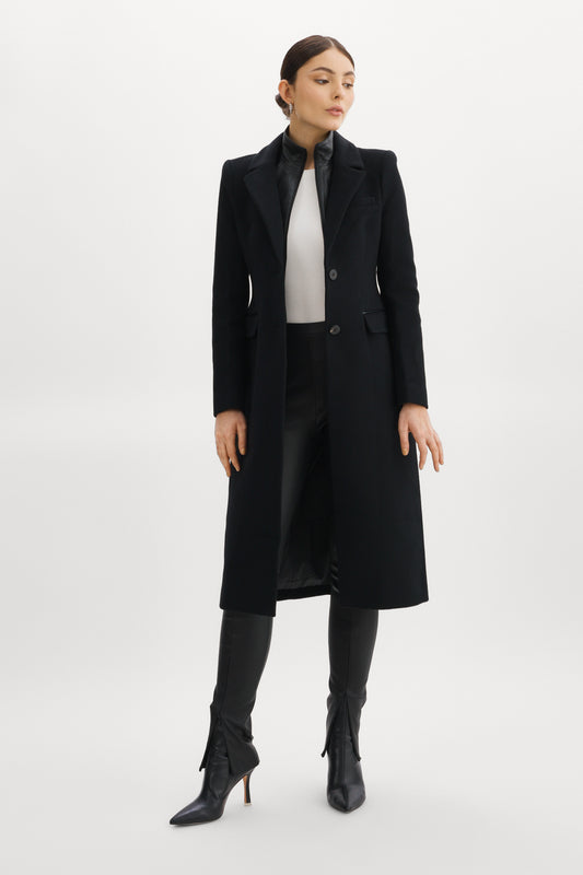 MALVA Manteau de laine coupe sablier avec faux-col en cuir noir