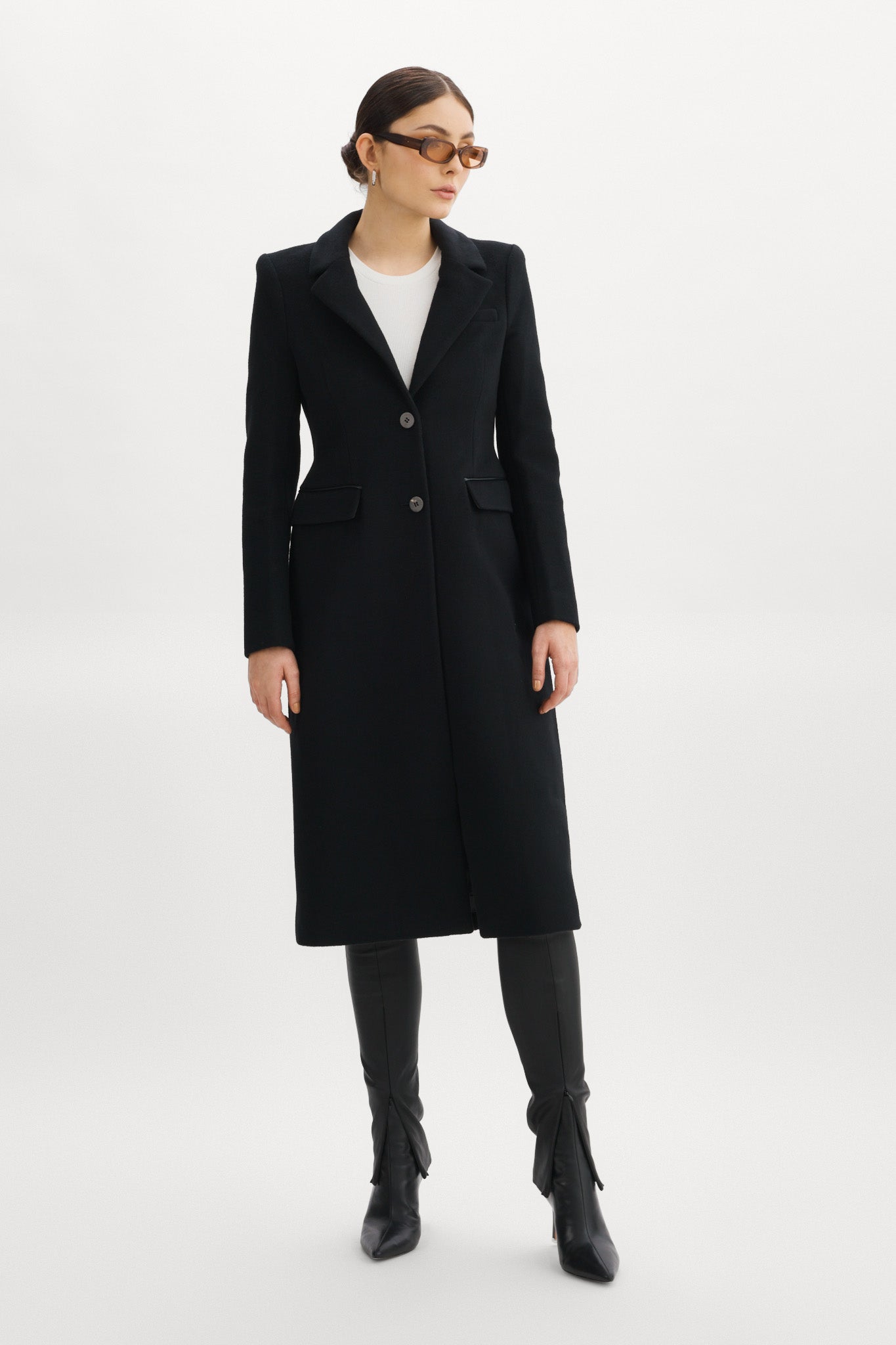 MALVA | Manteau de laine coupe sablier avec faux-col en cuir noir