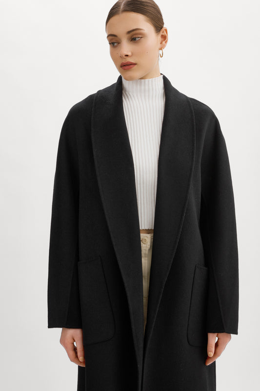 THARA Manteau en laine à col châle noir