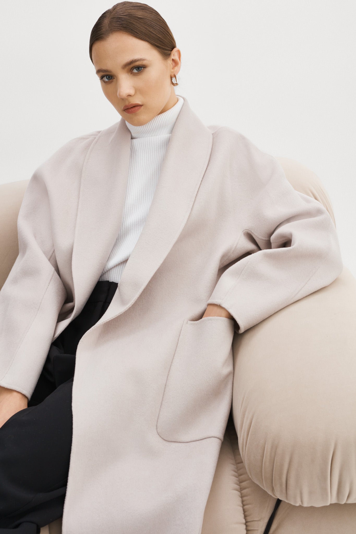 THARA | Shawl Collar Wool Coat - FEATHER GREY / XXS