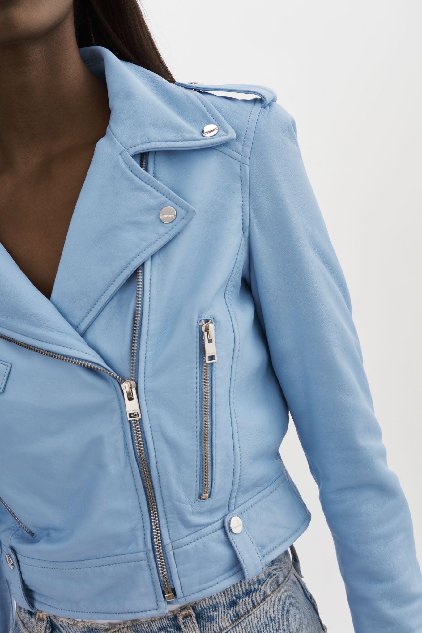 Pastel blue outlet leather jacket
