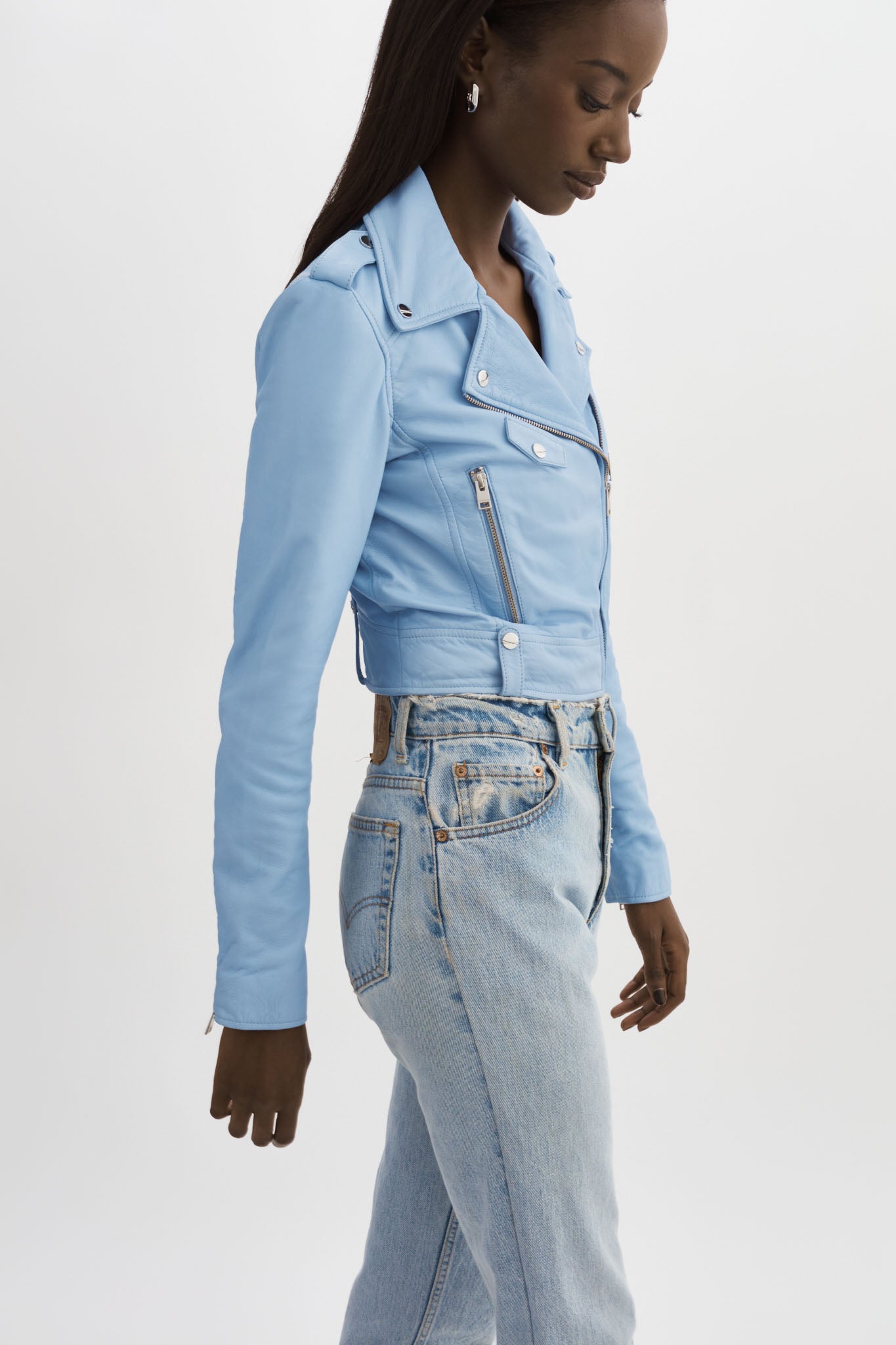 Blue cropped on sale leather jacket