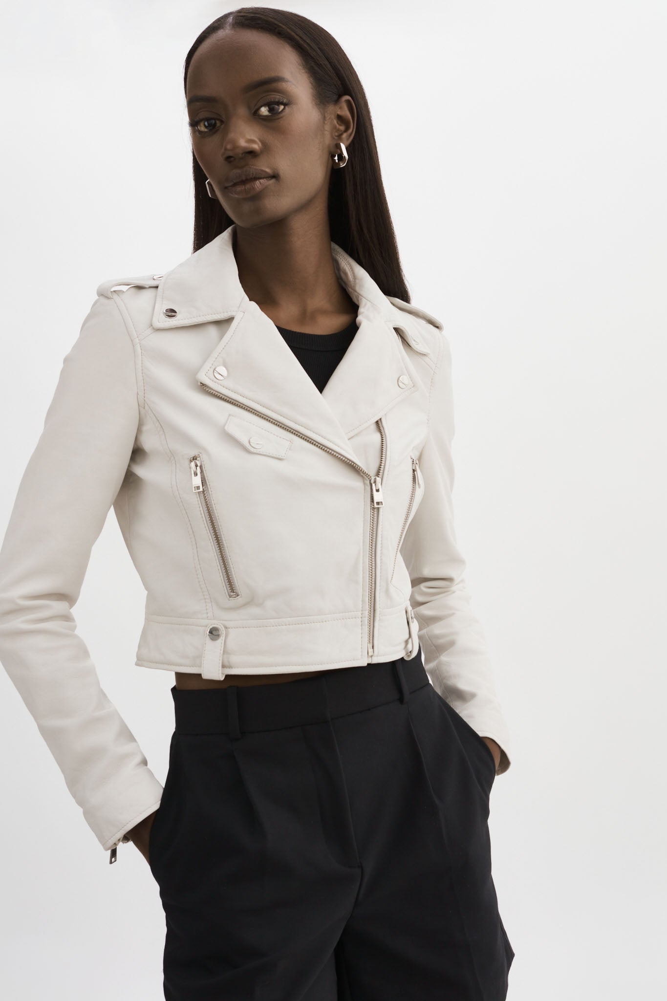 Crop white leather jacket on sale