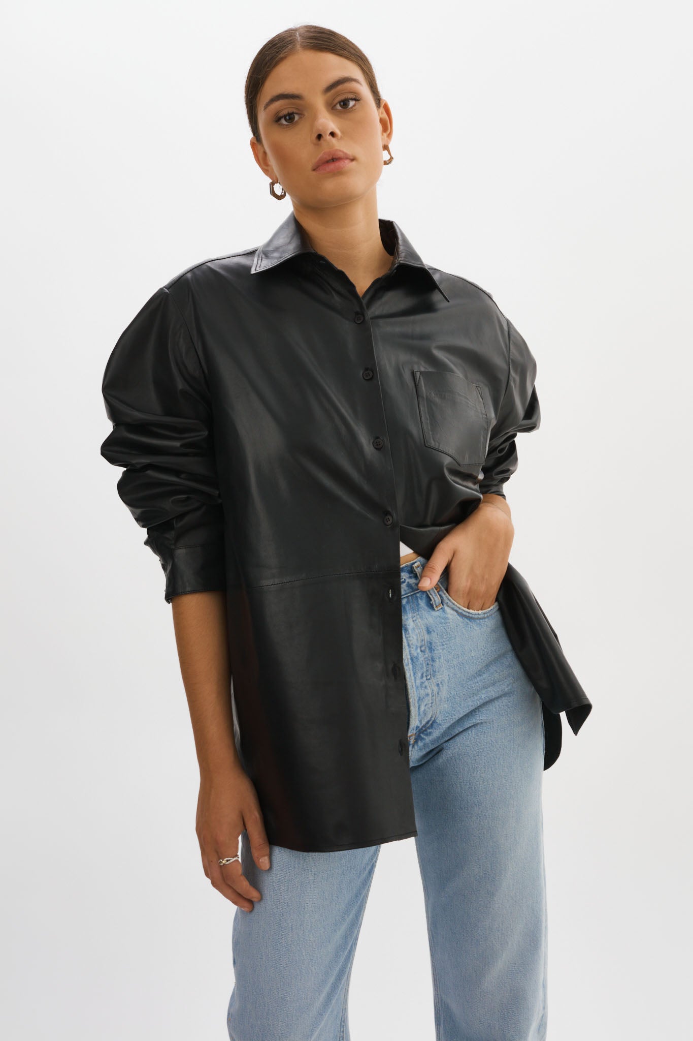 Estelle | Leather Oversized Shirt - Black / XS/S