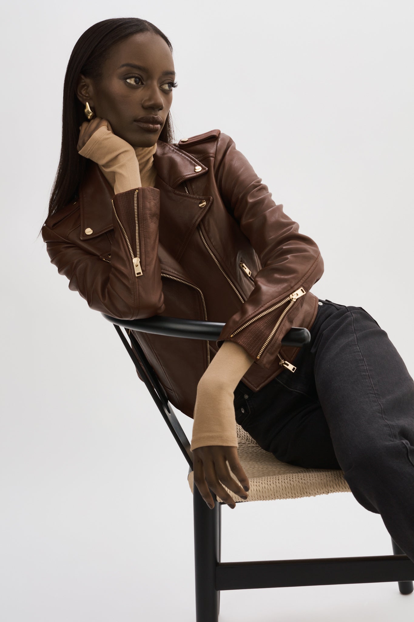 Gold detail leather jacket deals