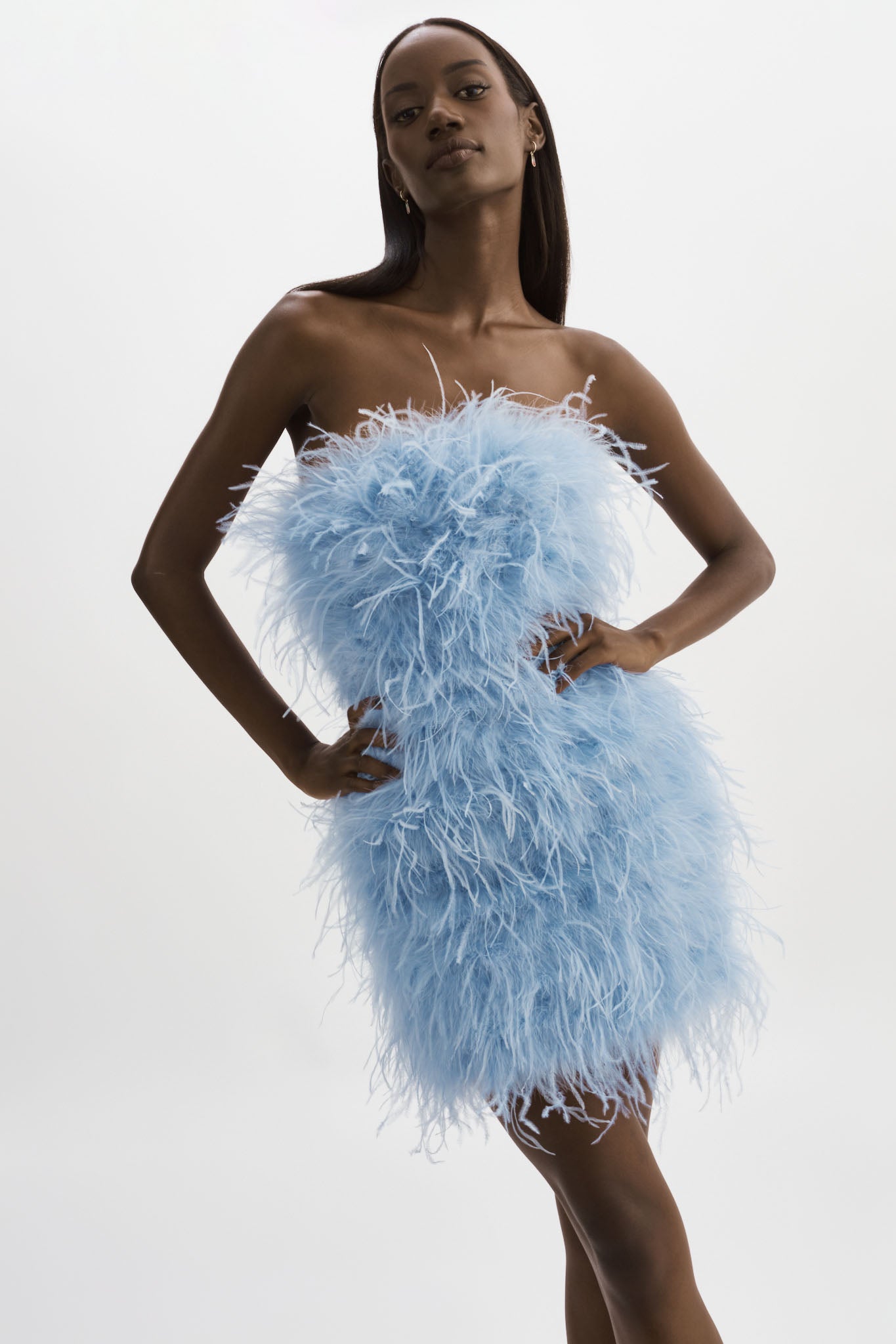 blue feather trim dress Jewel Neck Feather Trim Dress