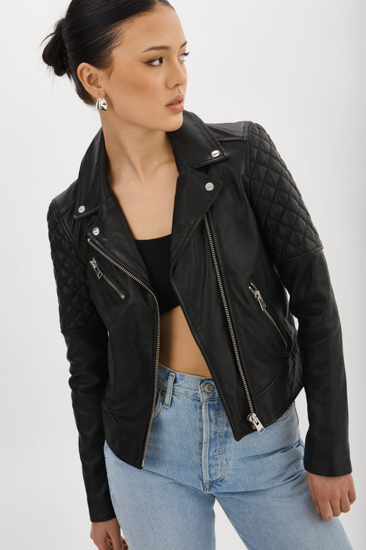 MARILLA Veste De Motard En Cuir Matelassé Noir